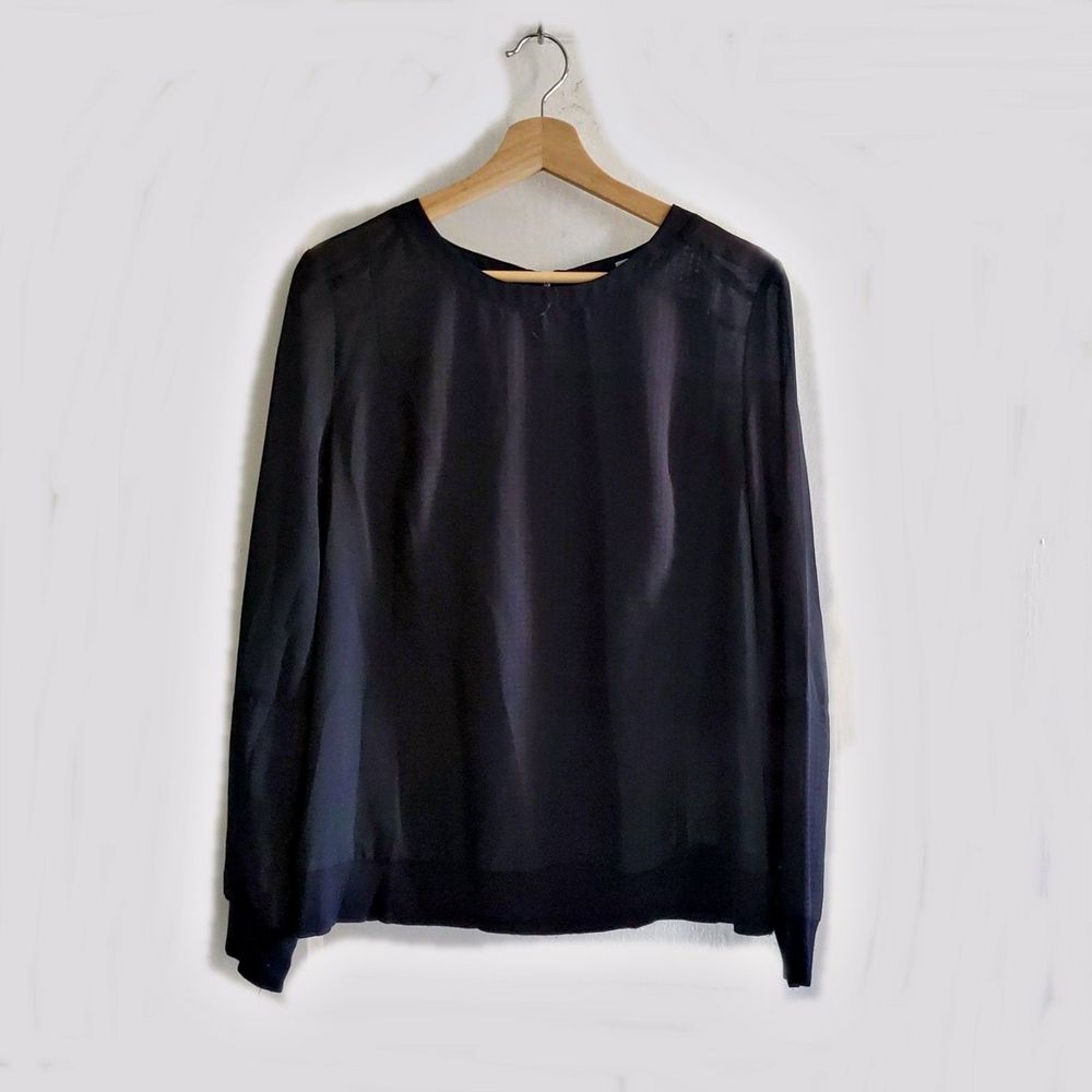 Women's HALOGEN Black Sheer Long Sleeve Blouse Sz L EUC